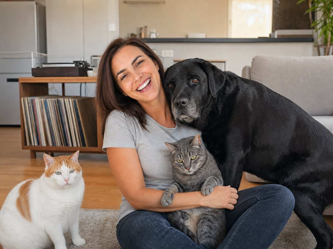 Dra. Camila Torres com o labrador Bertão e os gatos Freud e Jung
