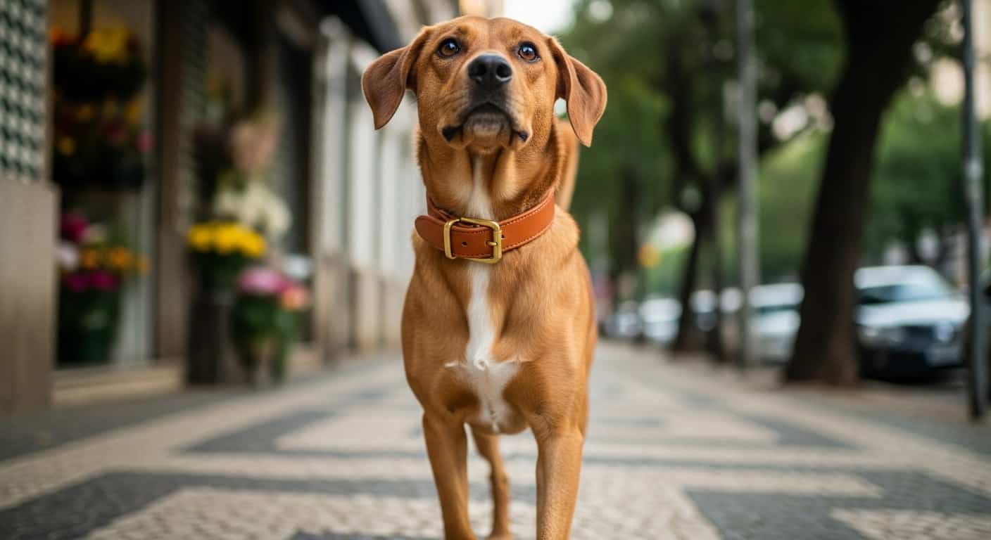 Cão caramelo usando coleira de couro caminhando em calçada portuguesa em São Paulo -- acessórios pet