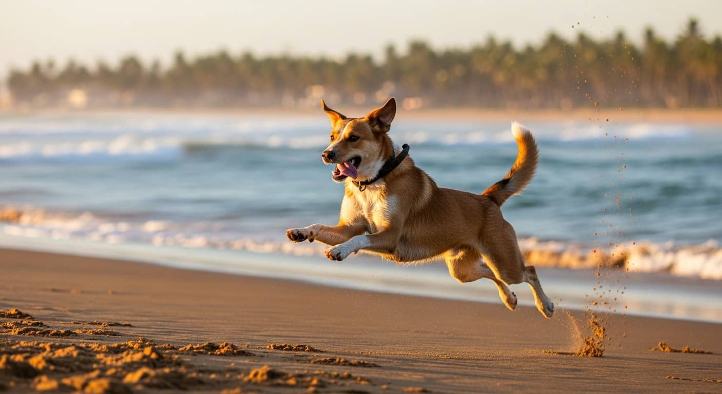 Cão vira-lata caramelo pulando alegre na praia ao golden hour -- comportamento canino