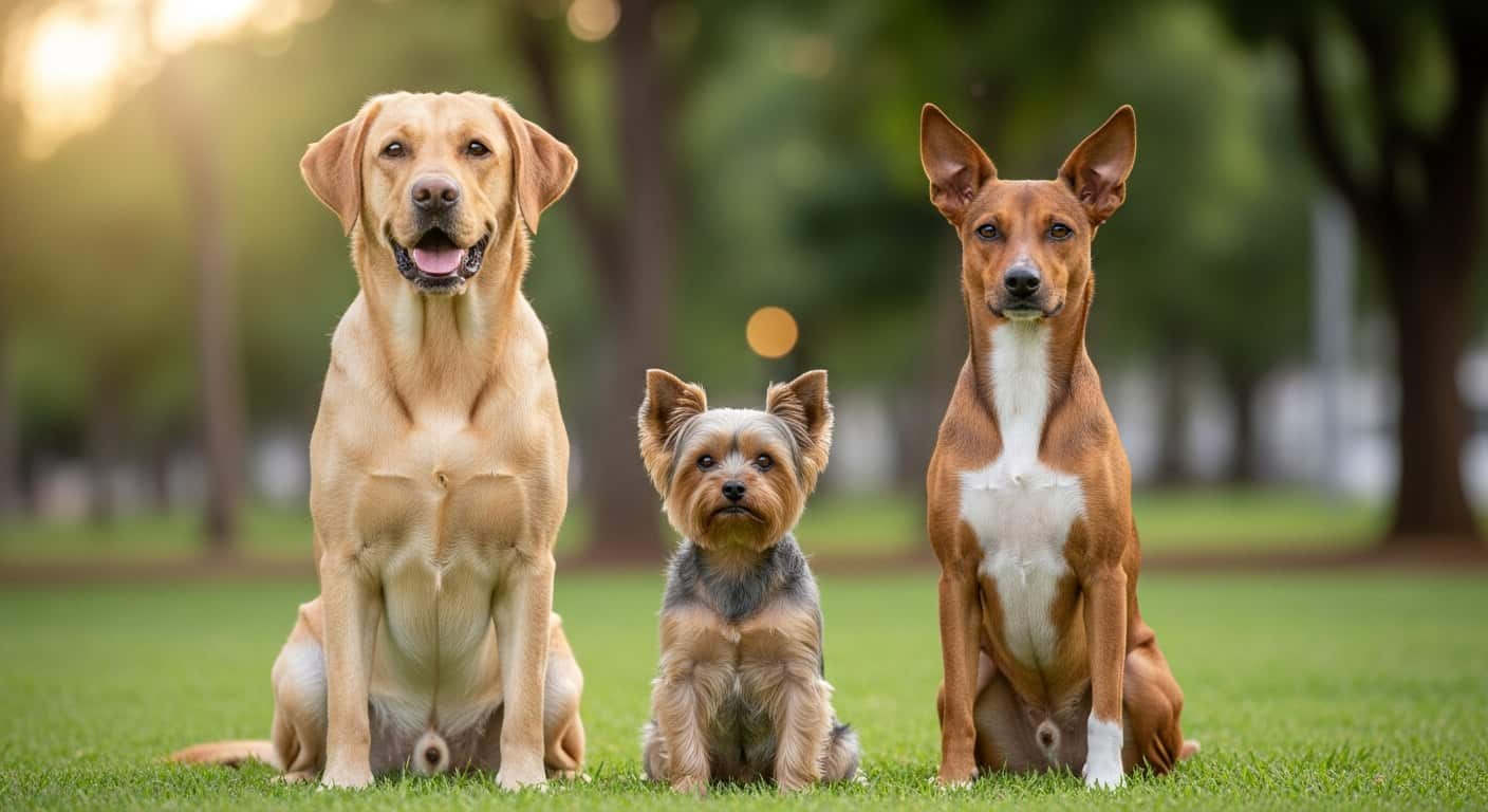 Três raças de cães em parque: Labrador, Yorkshire e vira-lata brasileiro -- guia de raça