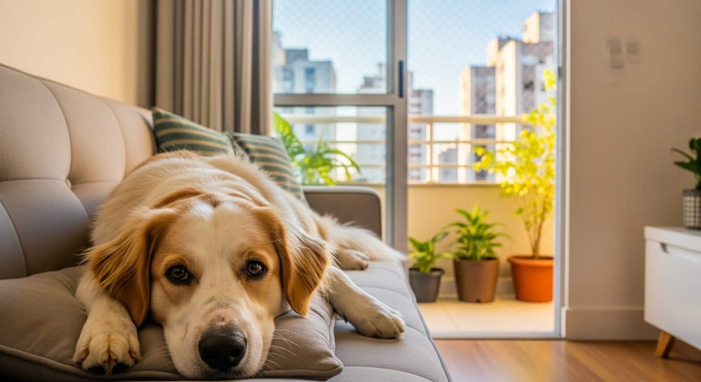 Cão golden em sofá com varanda e vista de prédios de São Paulo -- pet em apartamento