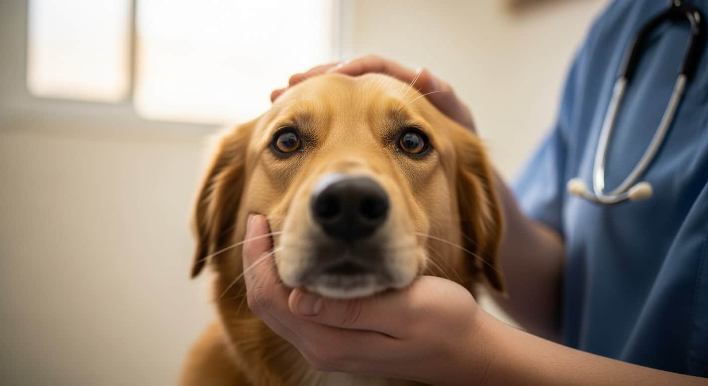 Cão golden retriever sendo examinado com carinho por veterinária em consulta -- plano de saúde pet