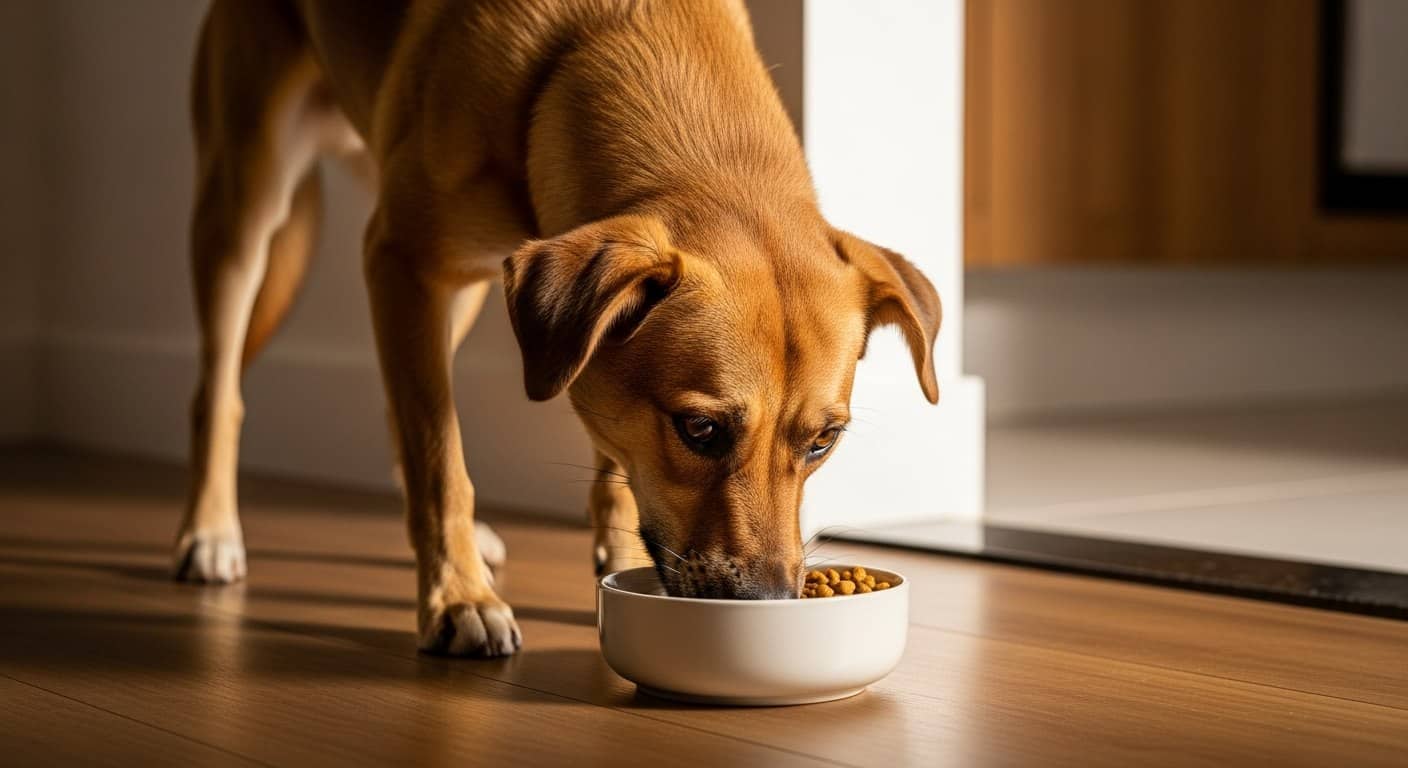Cão caramelo comendo ração de qualidade em bowl de cerâmica branca -- ração e nutrição