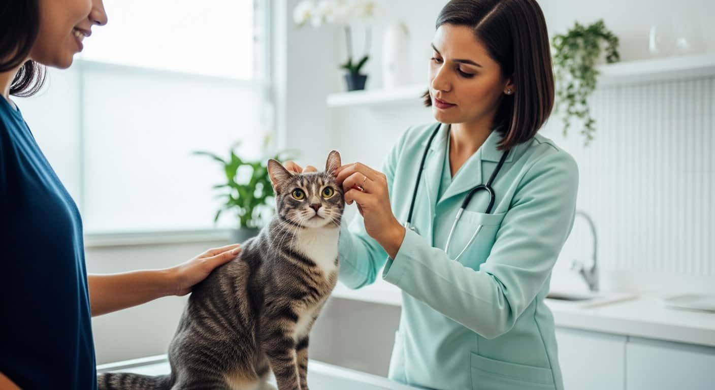 Gato cinza rajado em consulta veterinária com tutora segurando -- saúde e prevenção pet