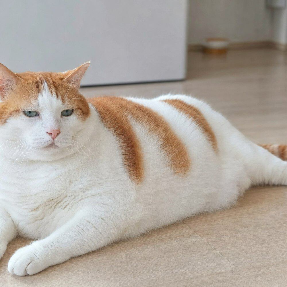 Jung, gato branco com manchas laranjas, deitado no chão