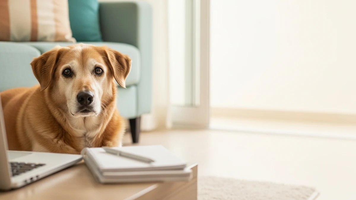 plano de saúde pet vale a pena: cão idoso deitado em casa ao lado de um laptop, a cena de decidir sobre o plano