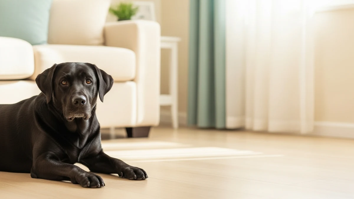 petlove ou plamev: labrador preto deitado em casa, capa do comparativo de planos de saúde pet