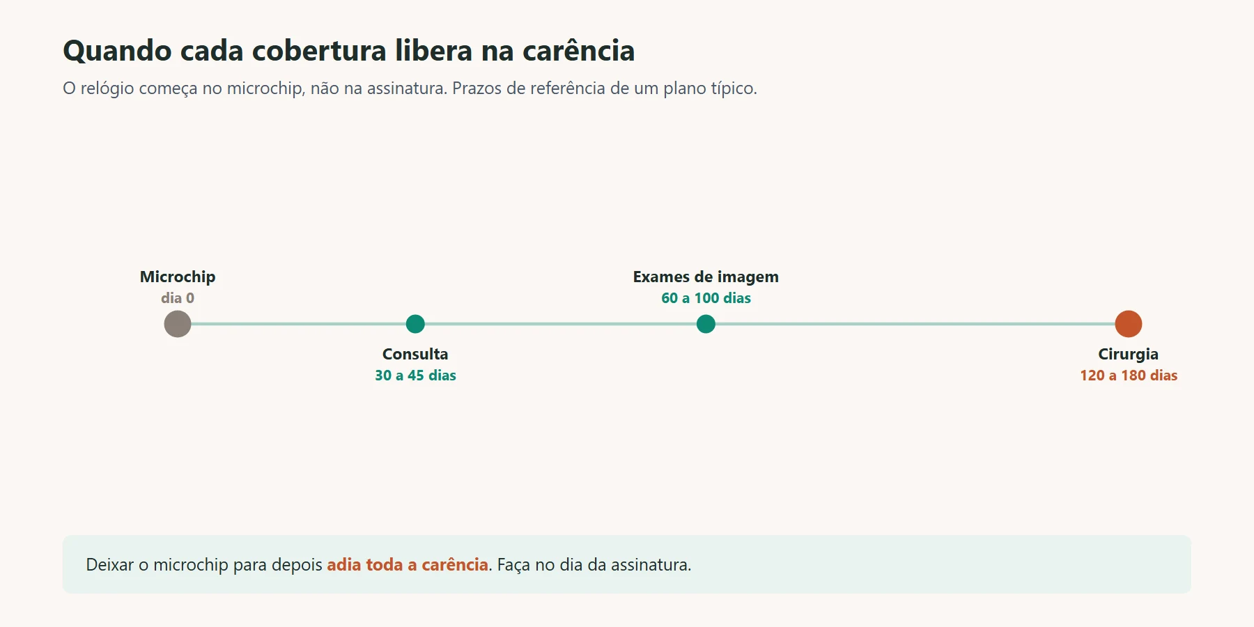 carência de plano de saúde pet: linha do tempo do que o plano libera a cada prazo, do microchip à cirurgia