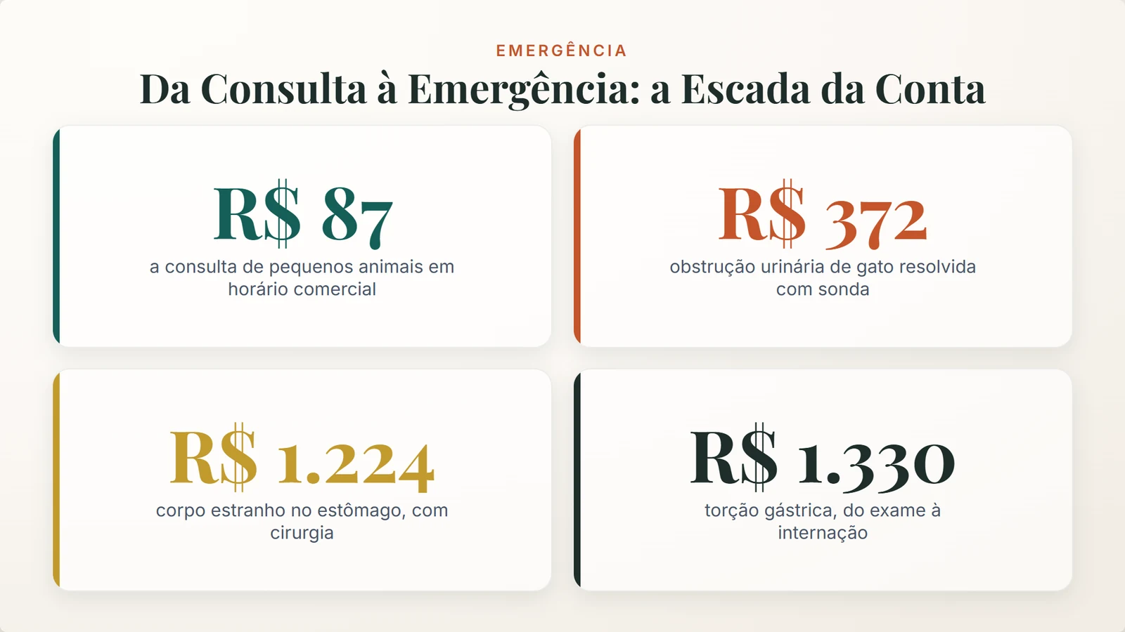 valor da consulta veterinária: quatro cenários somados a partir da tabela da UFMT, da consulta de R$ 87 à torção gástrica de R$ 1.330