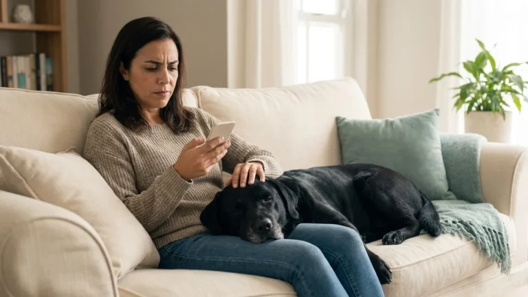 cancelar plano de saude pet: tutora pensativa no sofa com o celular e o labrador preto idoso ao lado
