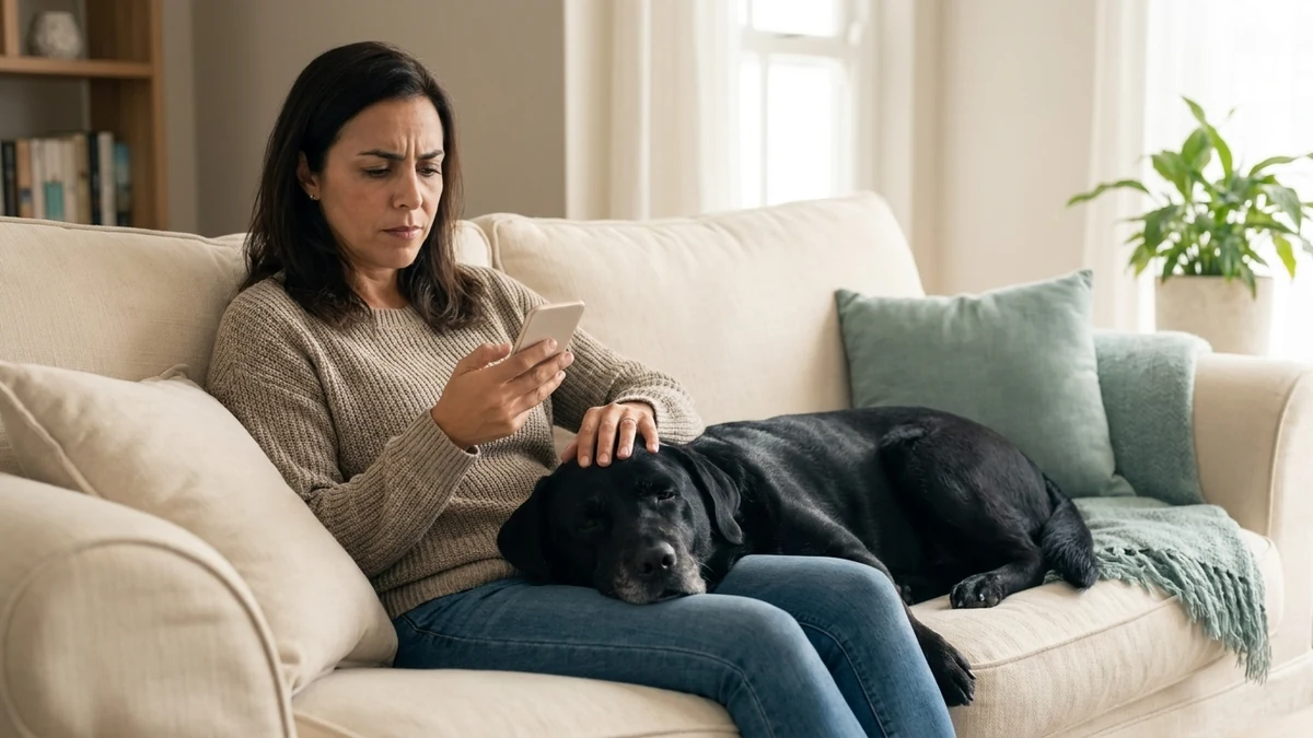 cancelar plano de saude pet: tutora pensativa no sofa com o celular e o labrador preto idoso ao lado