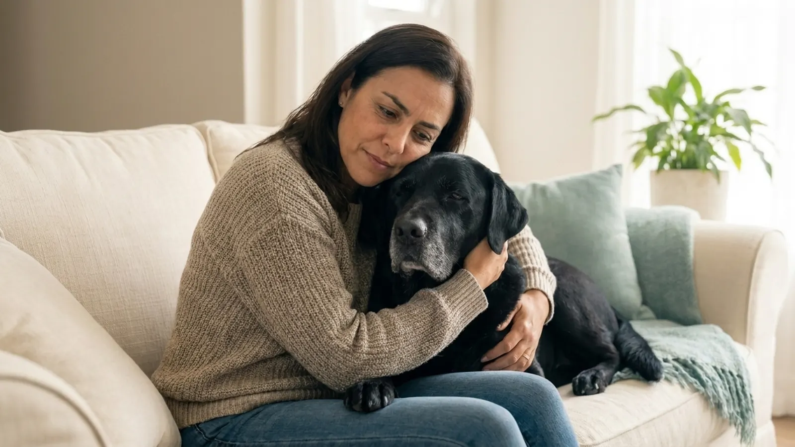 cancelar plano de saude pet: tutora aliviada abracando o labrador preto depois de manter o plano