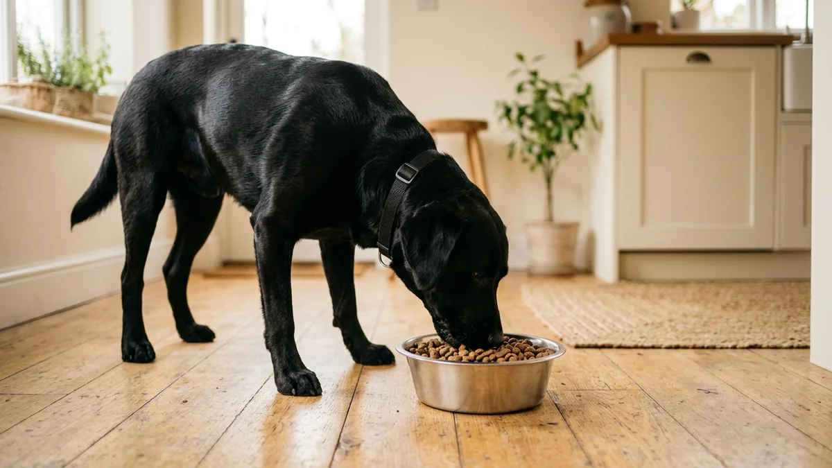 Royal Canin ou Farmina: labrador preto comendo ração no pote em casa