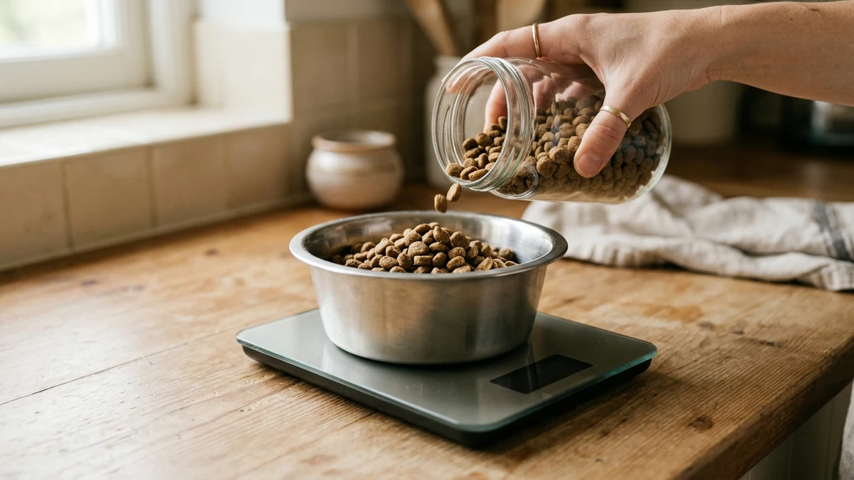 quantidade de ração para cachorro: porção de ração sendo pesada em balança de cozinha