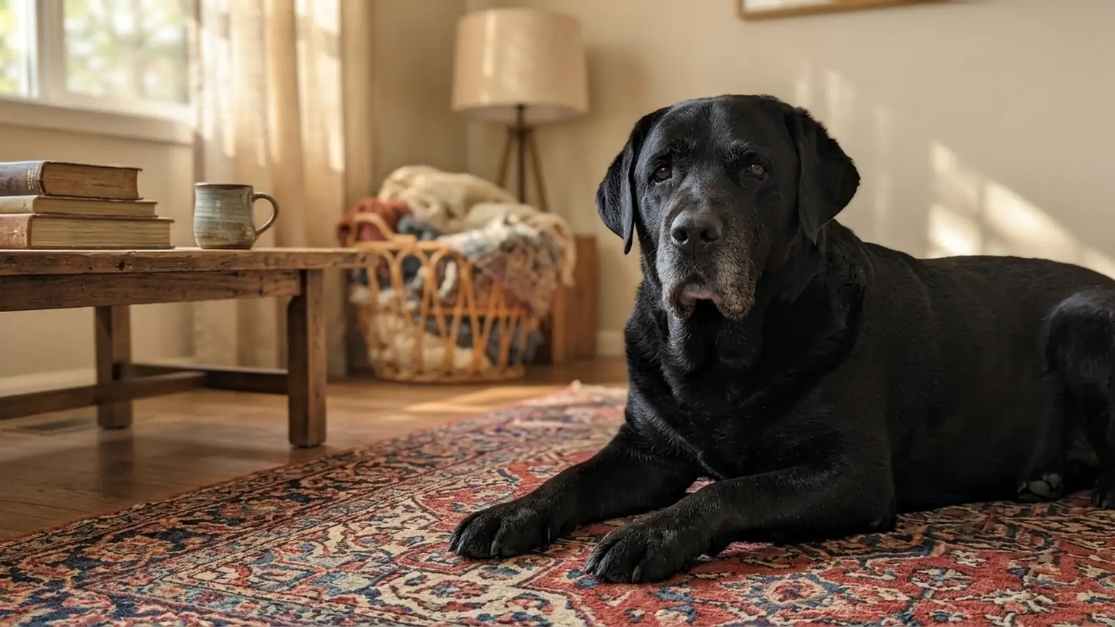 vacinas de cachorro: o Bertão, labrador preto de nove anos, saudável e sereno em casa depois de anos de cronograma em dia