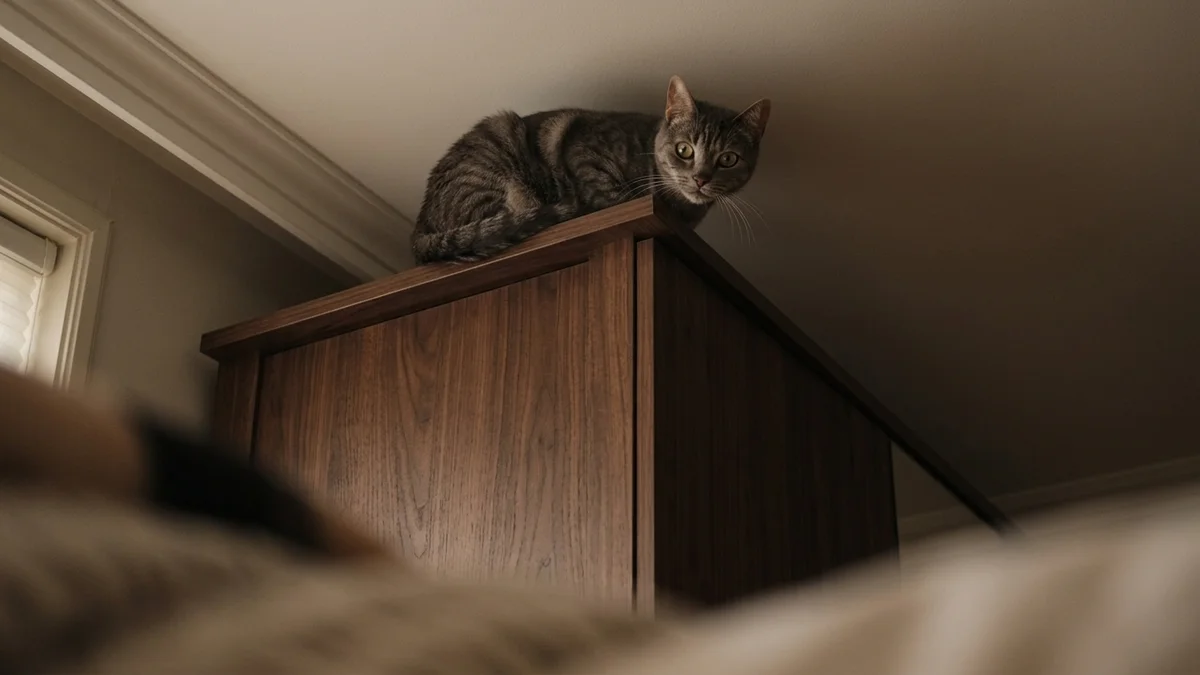 o que os veterinários gostariam que os tutores soubessem: gato cinza rajado quieto no alto do guarda-roupa