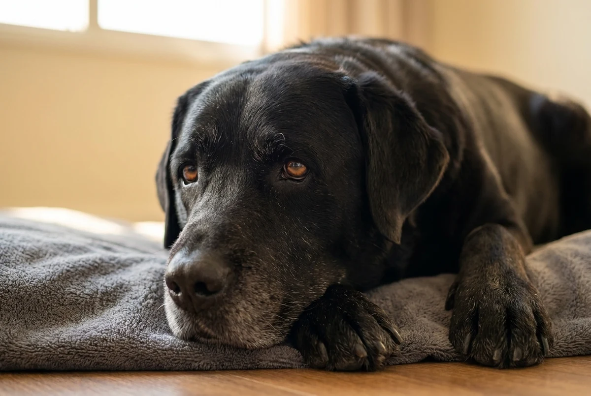 melhor plano de saúde pet: labrador preto idoso deitado, o cão pelo qual a conta do plano é feita