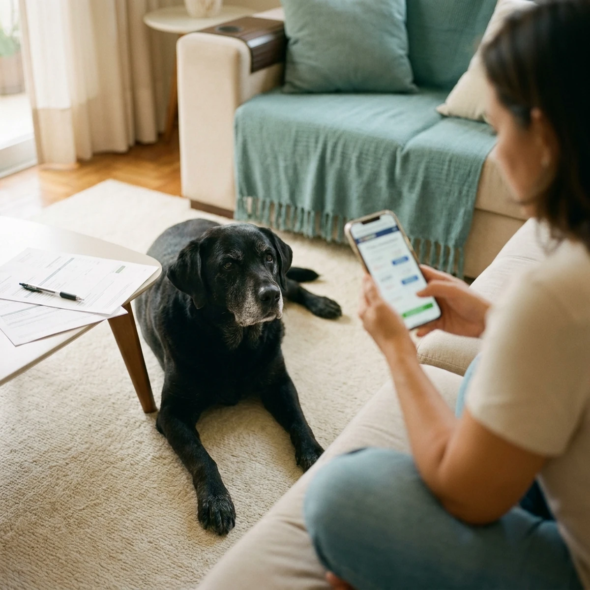 petlove saúde vale a pena: labrador preto idoso deitado ao lado do tutor que compara a cotação do plano no celular
