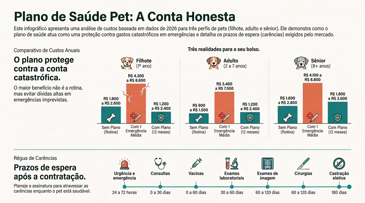 plano de saude pet: infografico da conta honesta com custos anuais por perfil e regua de carencias