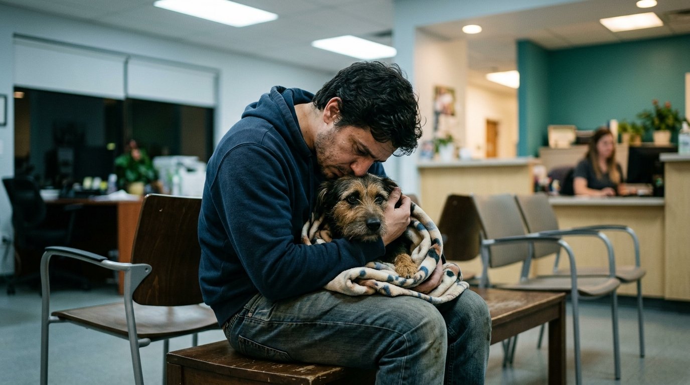 plano de saude pet: tutor espera atendimento de emergencia com o cachorro no colo