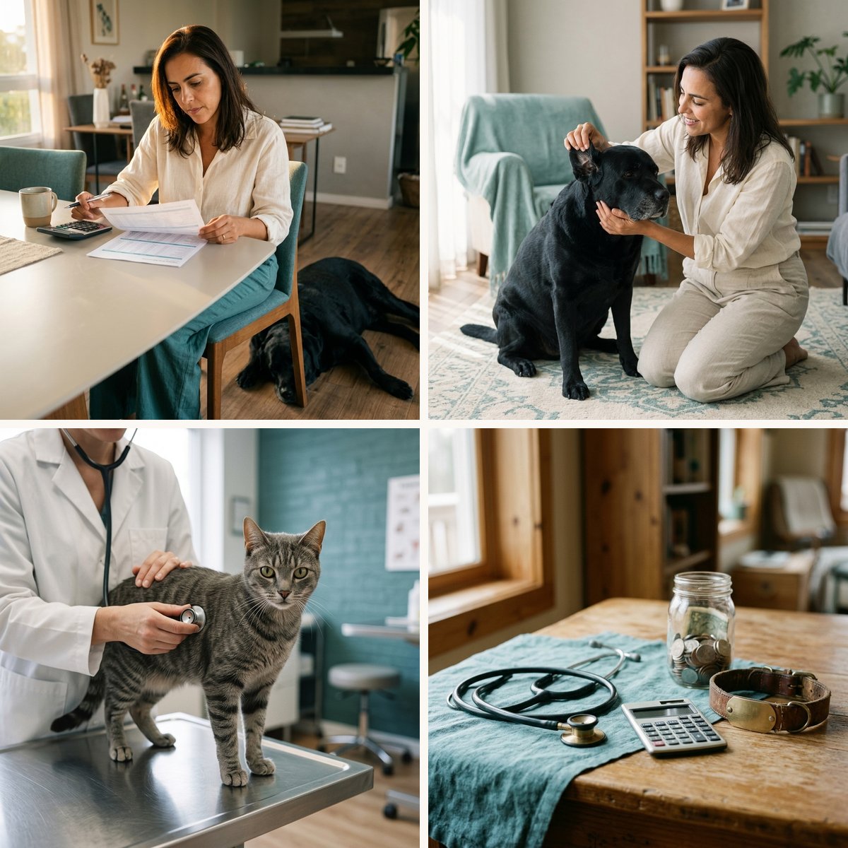 plano de saude pet: mosaico com o cuidado em casa, a consulta na clinica e a conta da decisao