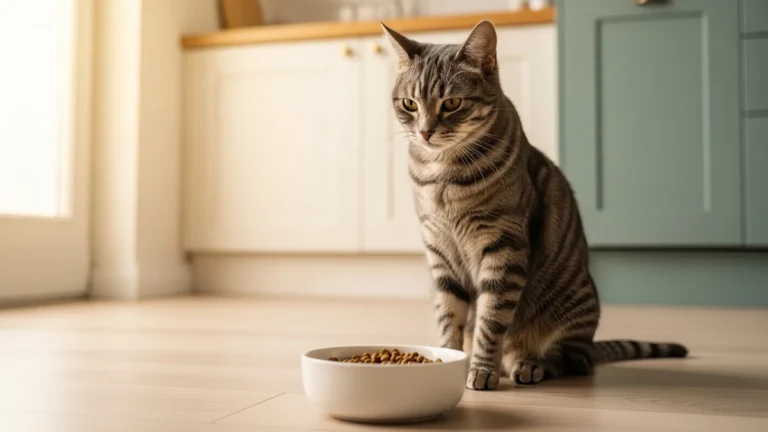 melhor ração para gato castrado: gato adulto sentado ao lado do pote com a porção do dia servida na cozinha