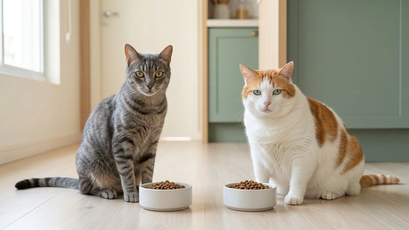 melhor ração para gato castrado: Freud cinza rajado e magro e Jung branco e laranja e gordo, cada um diante do seu pote