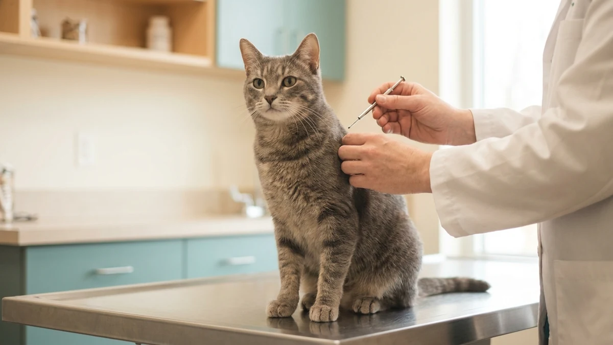 microchipagem cachorro e gato: veterinaria aplicando o microchip em gato cinza na clinica