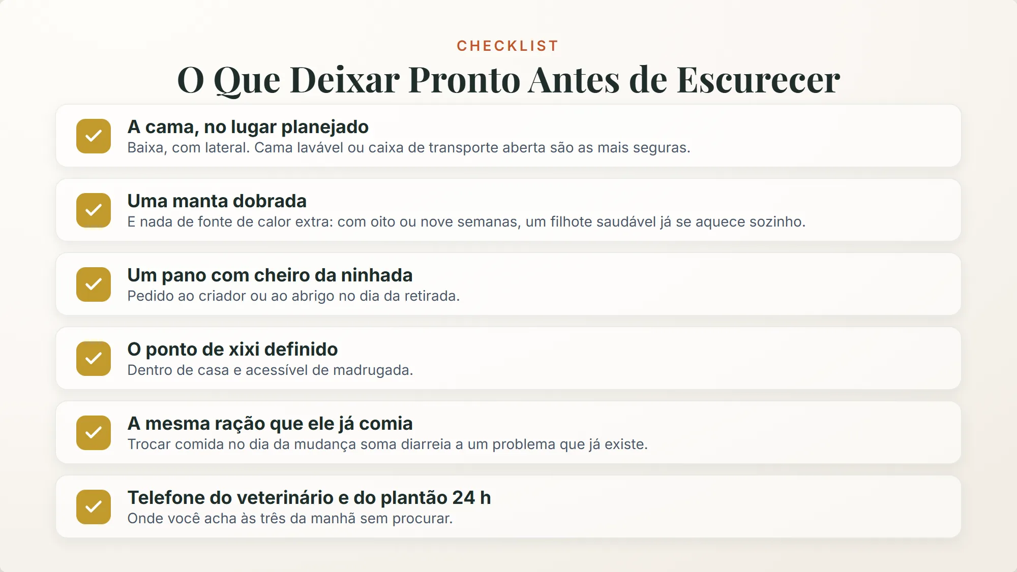 primeira noite do filhote em casa: checklist de 6 itens para deixar pronto antes de escurecer