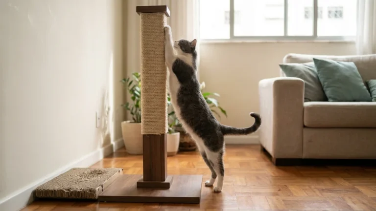 arranhador para gato: gato esticado num poste vertical de sisal, com peça horizontal de papelão ao lado no chão