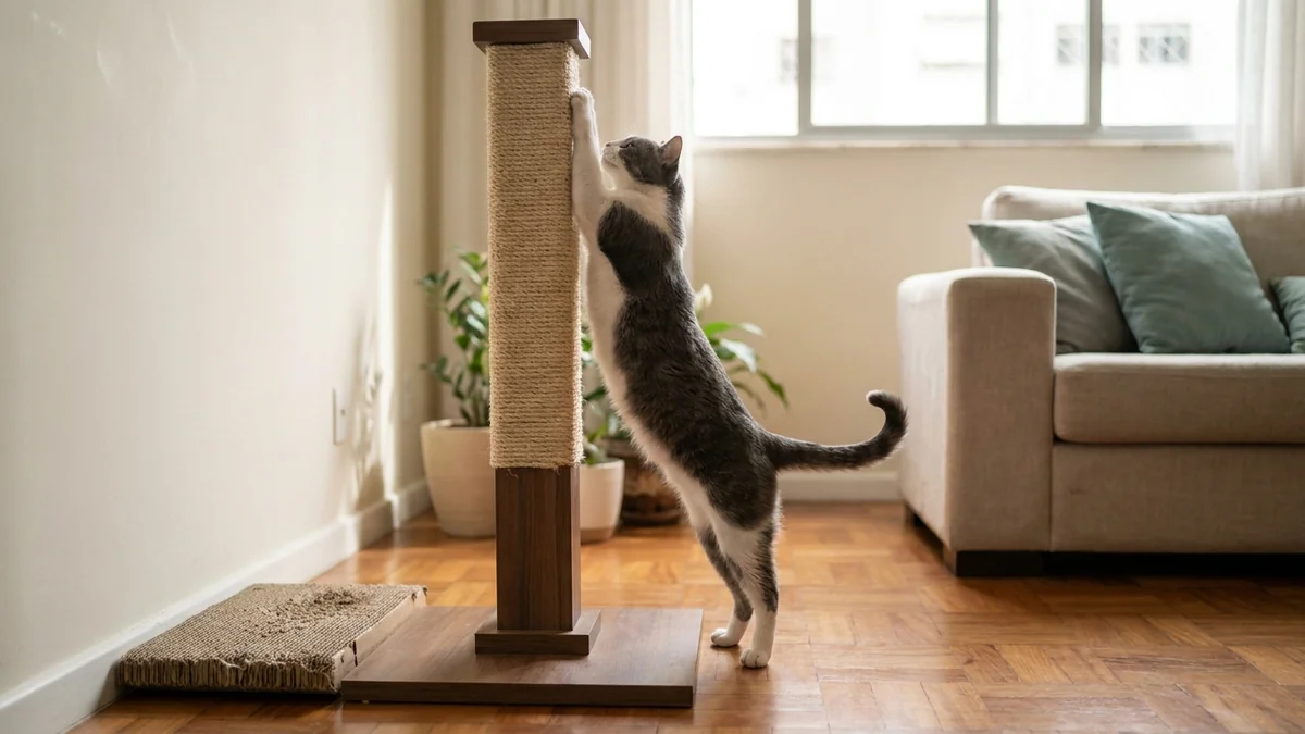 arranhador para gato: gato esticado num poste vertical de sisal, com peça horizontal de papelão ao lado no chão