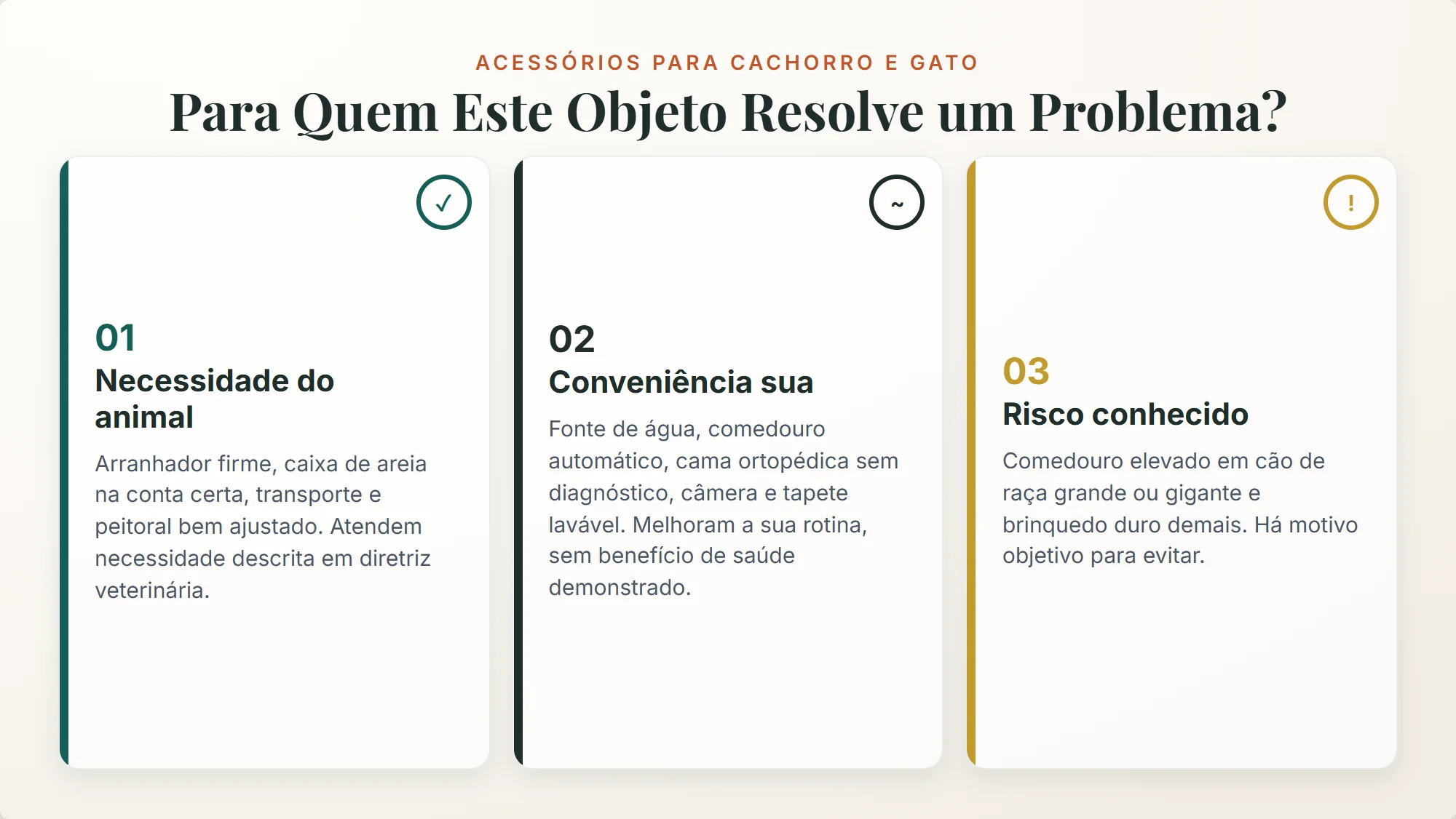 acessórios para cachorro e gato nas três faixas: necessidade do animal, conveniência sua e risco conhecido