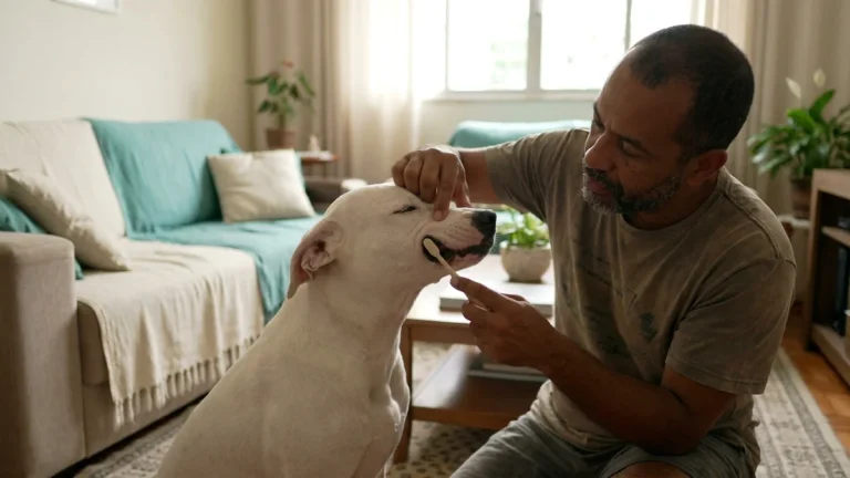 como escovar os dentes do cachorro: escova de cerdas macias na face externa dos dentes de um cão de porte grande, com a boca fechada