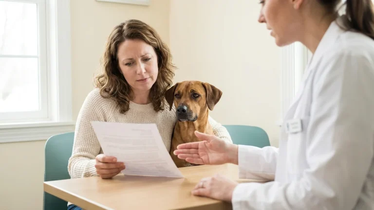 erliquiose canina: tutor lendo o resultado do exame de sangue do cão no consultório