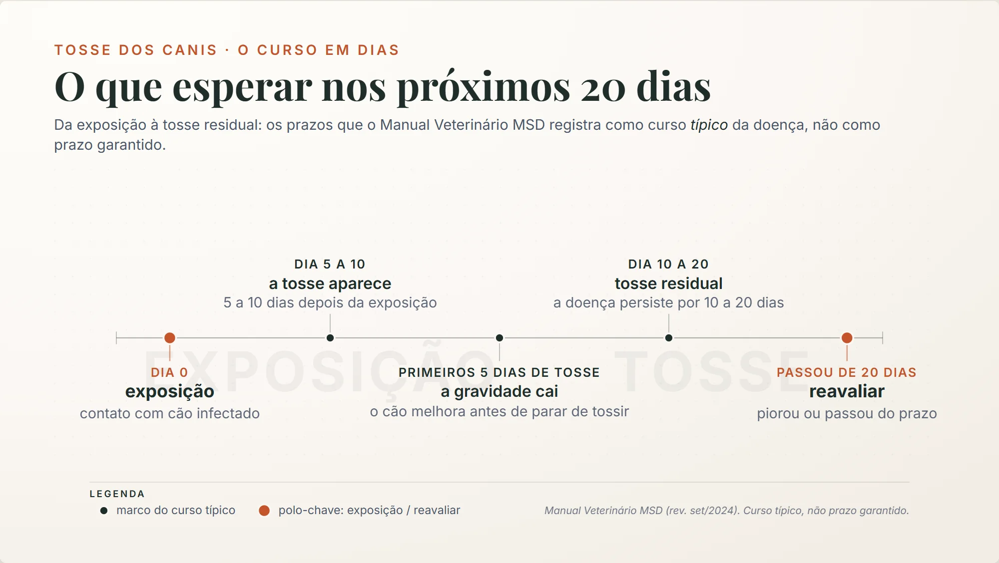 tosse dos canis: a tosse aparece 5 a 10 dias depois da exposição, perde força nos primeiros 5 dias e persiste por 10 a 20; passou de 20, reavaliar