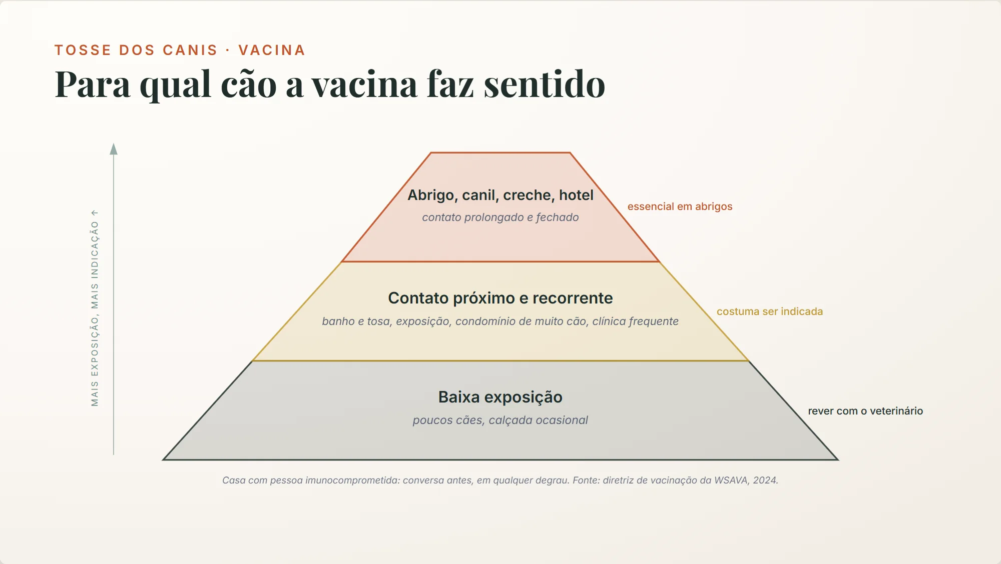 tosse dos canis: a vacina costuma ser indicada para cães de creche, hotel, banho e tosa ou contato frequente com outros cães; em baixa exposição, revê com o veterinário; essencial em abrigos
